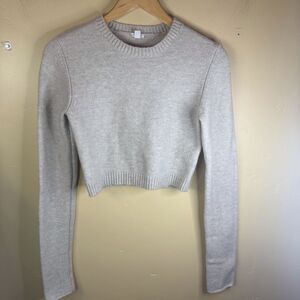 Garage Womens Size Medium Oatmeal Cropped Crew‎ Neck Sweater Long Sleeve Trendy